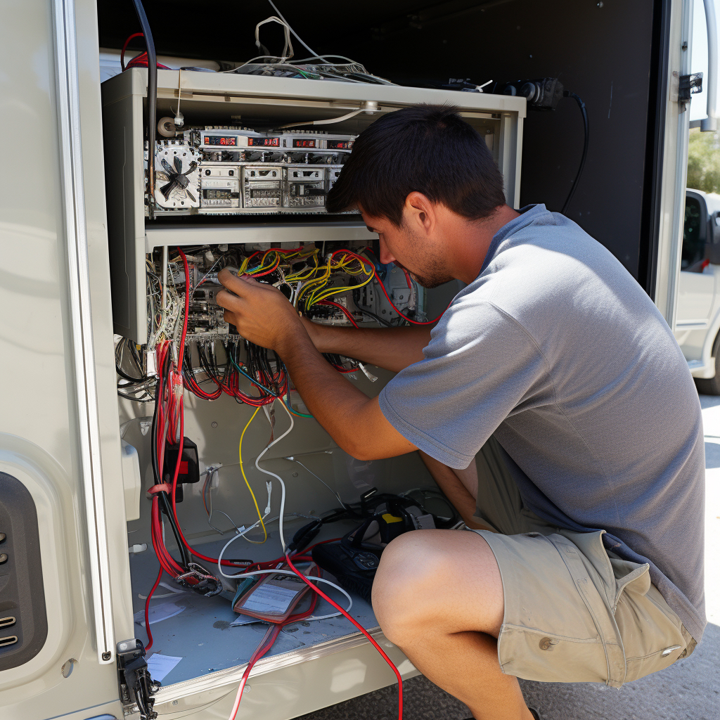 An RV getting its electrical systems repaired.